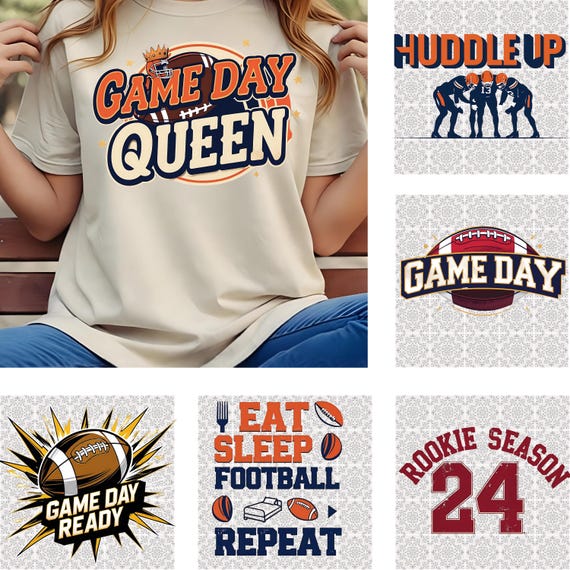 Football PNG&SVG Bundle, 6 Football Design Bundle, Game Day Queen Design,Fall Football Game Day PNG,Football Mom, Girly Football Sublimation