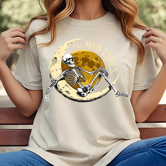 Full Moon Vibes Design, Retro Skeleton Png, Skeleton Halloween Png,  Trendy Halloween Skull Design, Spooky Season Png, Vintage Skull Design