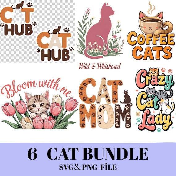 Mixed Cat Designs Bundle PNG&SVG, Clip Art Png , Kitten Png, Cat Lover Png, Cat Mom Png, Trendy Png, Boho Cat Png , Sublimation Design, DTF