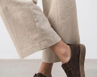 Brown Suede Lace-Up Moccasin Shoes with Natural Cork Sole | Women's Handmade Barefoot Leather Shoes | Wide Toe Box Platform