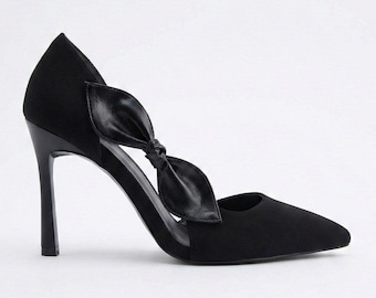 Elegantes zapatos de tacón medio negros con punta afilada para mujer, zapatos de salón D'Orsay de ante con lazo, cómodos zapatos de oficina de piel vegana, calzado elegante para la noche.