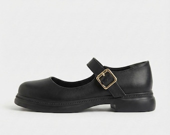 Black Faux Leather Mary Jane Shoes | Gold Buckle Strap, Round Toe, Low Heel