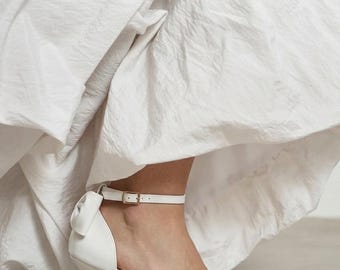 Bridal Shoes with Bow, Elegant Wedding Shoes for Bride, Comfortable Faux Patent Leather Mid Heel Pumps, Vegan Women Evening Heels