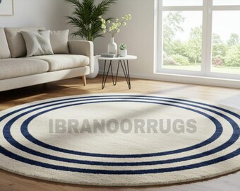 Round Cream Rug with Navy Blue Concentric Stripes, Modern Circular Area Rug, Minimalist Living Room Carpet, Scandinavian Home Decor