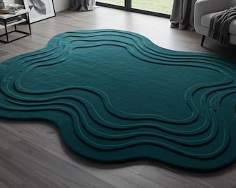 Hand Tufted Organic Wave Rug Modern Sculpted Wool Rug in Deep Teal Abstract