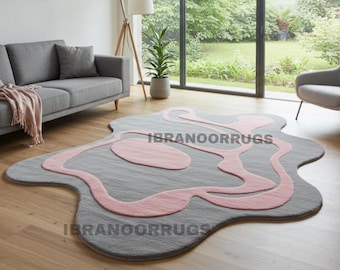 Hand-Tufted Abstract Rug: Grey with Pink Waves, Modern Decor