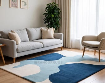 Modern Abstract Blue Area Rug Hand-Tufted Navy & Sky Blue Carpet