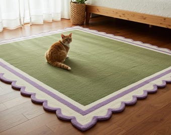 Handmade Scalloped Rug, Pastel Minimal Area Carpet for Nursery & Bedroom, Modern Cozy Home Decor