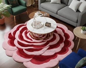 Hand-Tufted Wool Blend Rose Rug – Pink Floral Sunburst Carpet