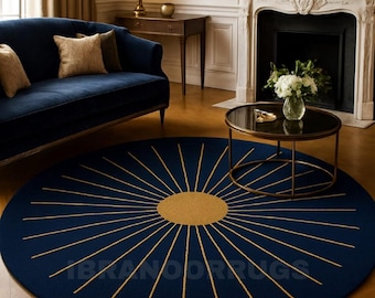 Navy Blue Round Rug – Gold Sunburst Art Deco Carpet