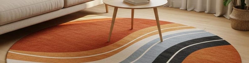 May include: A round area rug with a wave design in shades of orange, cream, gray, and black. The rug is placed on a light wood floor, with a wooden side table and a sofa visible in the background.
