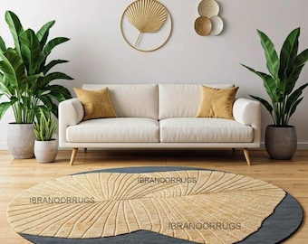 Handmade NZ Wool Tufted Rug: Round Leaf Design, Modern