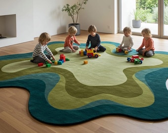 Hand-Tufted Abstract Rug – Organic Green Contour Design, Kids Playroom