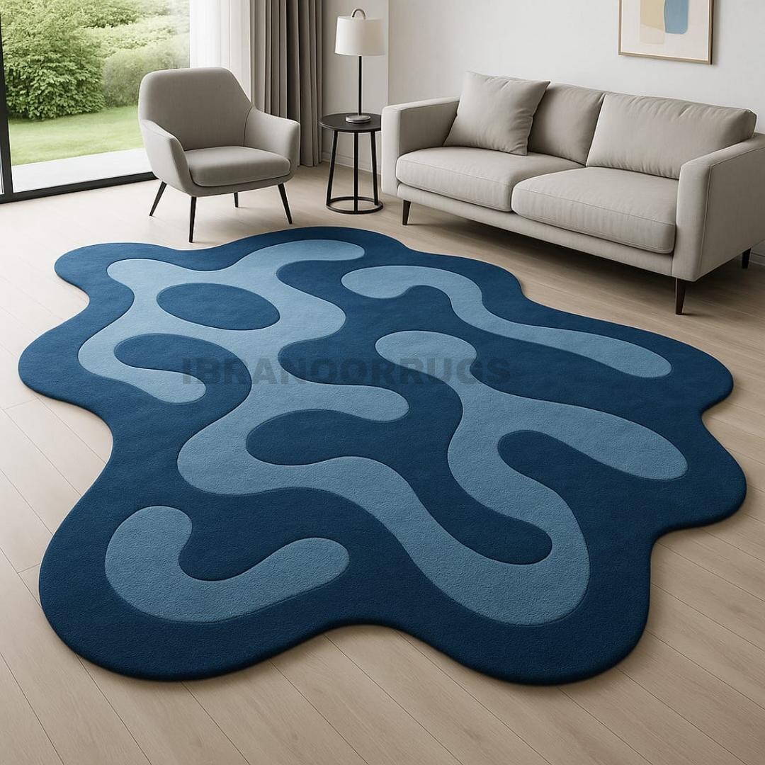 Modern Abstract Blue Area Rug Hand-tufted Irregular Shape Carpet - Etsy