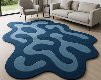 Modern Abstract Blue Area Rug Hand-Tufted Irregular Shape Carpet