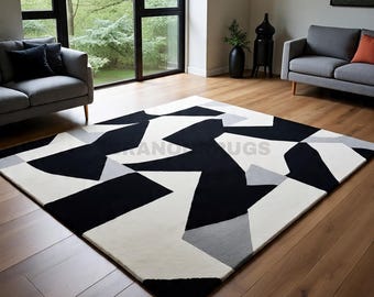 Modern Abstract Rug – Black White Gray  Hand-Tufted Wool Carpet Minimalist Monochrome Area Rug