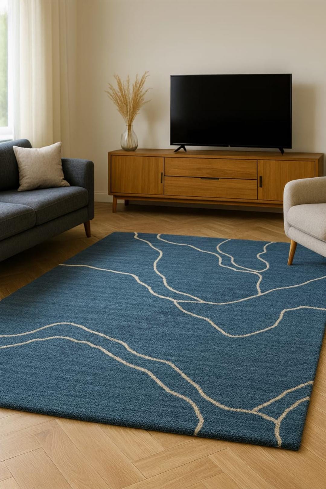Modern Blue Area Rug Minimal Wavy Line Wool Rug Hand-tufted ...