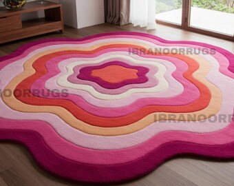 Hand-Tufted Abstract Flower Rug, Mid Century Modern Pink Carpet
