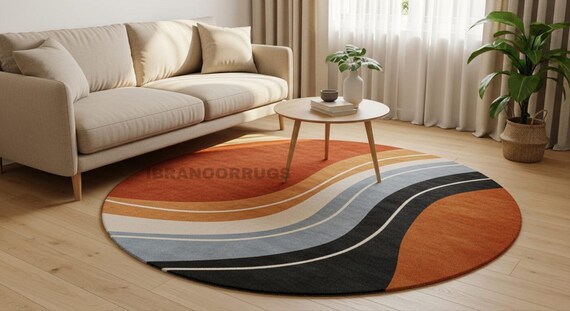 Abstract Round Area Rug – Tufted Polyester, Mid-Century Modern Style