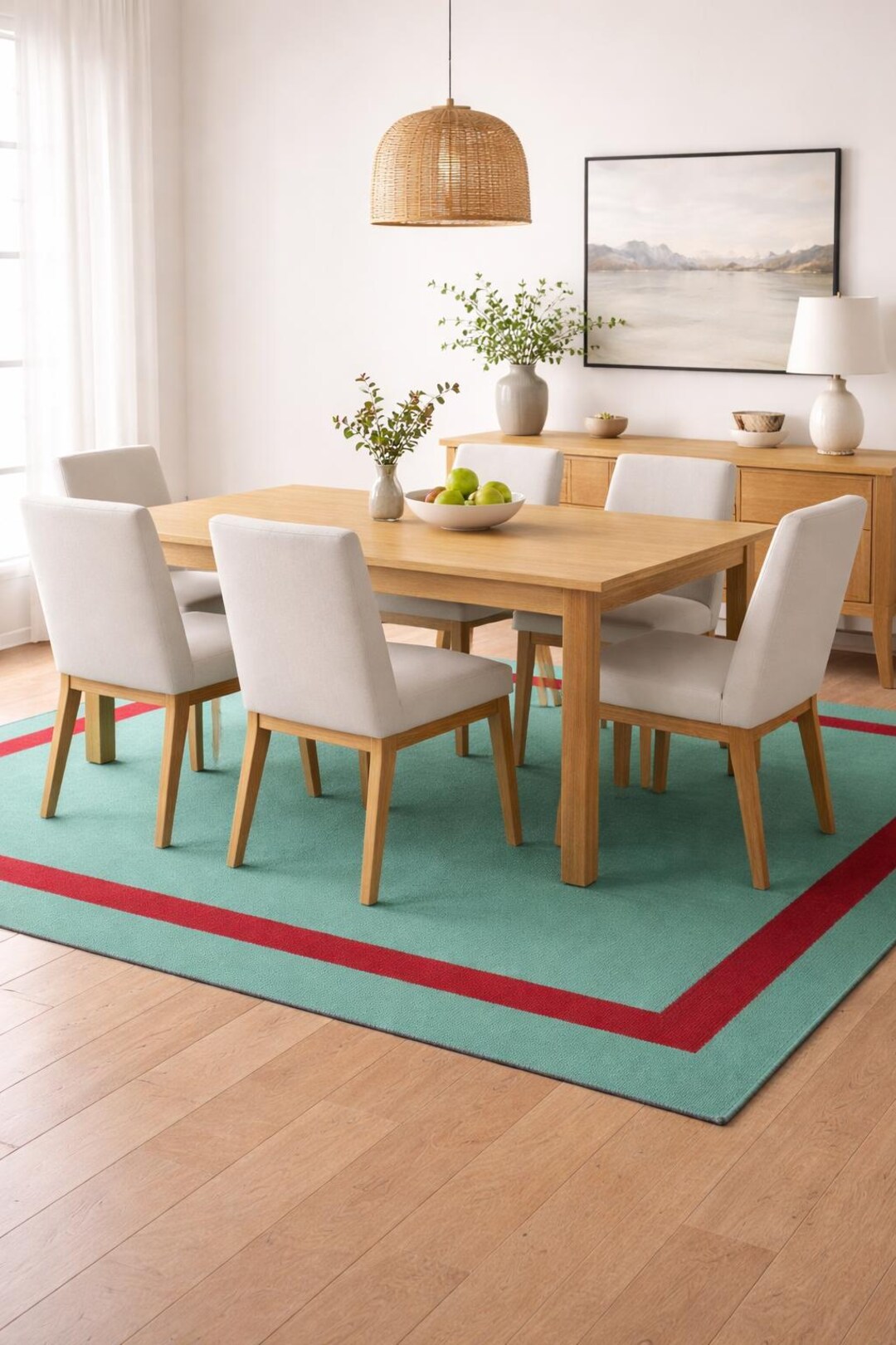 Handmade Teal & Red Border Wool Rug – Modern Statement Piece - Etsy