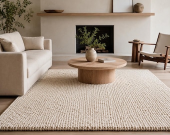 Puede incluir: Una alfombra rectangular grande de color crema con una textura gruesa, anudada a mano y voluminosa. La alfombra presenta un patrón de bucles repetitivo y uniforme en toda su superficie, proporcionando un aspecto denso y táctil al suelo.