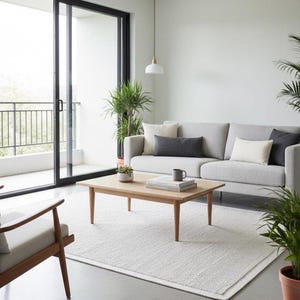 Puede incluir: Un sof&aacute; gris claro con cojines color crema y gris oscuro, una mesa de centro de madera clara con una peque&ntilde;a planta en maceta y una taza, y una alfombra texturizada color blanco roto. Un sill&oacute;n de madera a la izquierda y una l&aacute;mpara colgante.