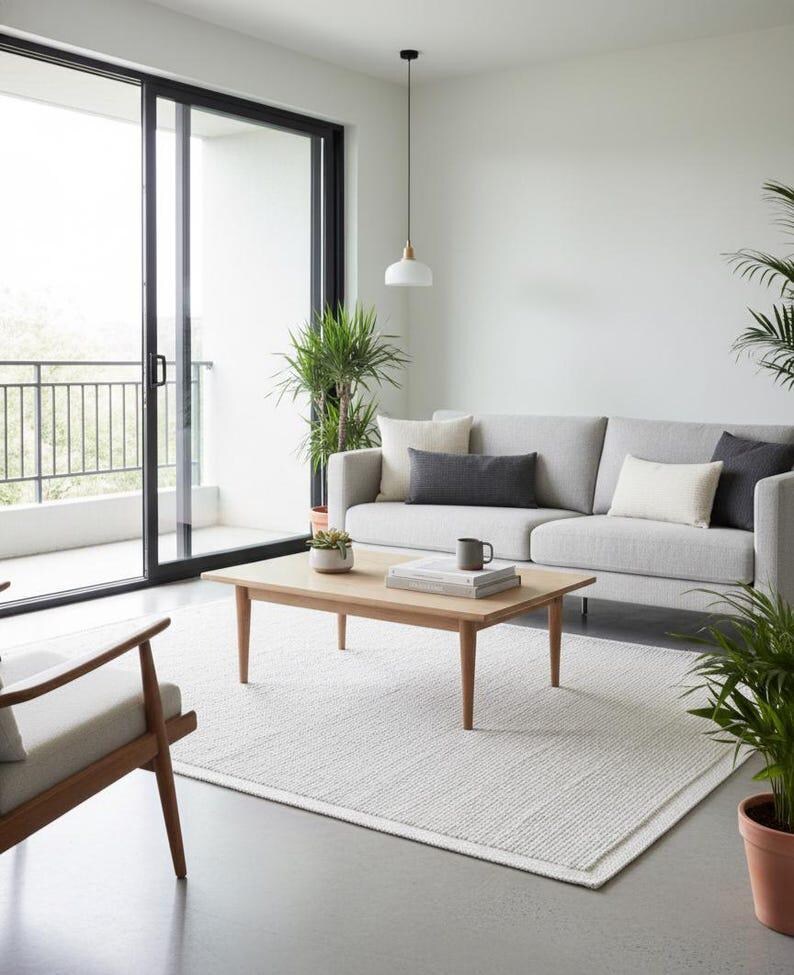 Puede incluir: Un sof&aacute; gris claro con cojines color crema y gris oscuro, una mesa de centro de madera clara con una peque&ntilde;a planta en maceta y una taza, y una alfombra texturizada color blanco roto. Un sill&oacute;n de madera a la izquierda y una l&aacute;mpara colgante.