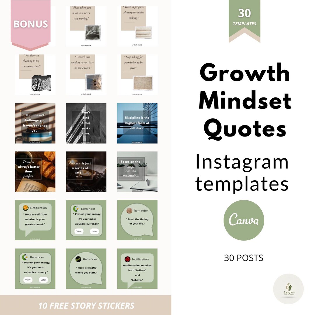 30 Growth Mindset Instagram Post Templates + 10 FREE Story Stickers ...