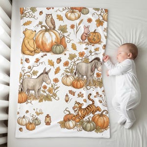Vintage Storybook Bear Pumpkin Patch Velveteen Blanket | Watercolor Harvest Nursery Throw