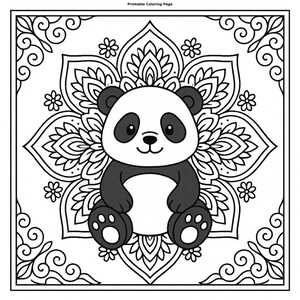 Può includere: Illustrazione in bianco e nero di un panda al centro di un elaborato design mandala floreale. L'immagine è incorniciata da bordi decorativi e include il testo "Printable Coloring Page" in alto.
