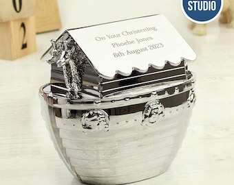 Personalised Engraved Silver Plated Noah's Ark Baby Money Box - Baptism or Christening Gift