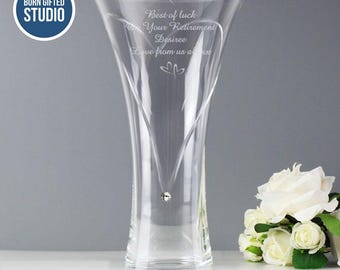 Personalised Engraved Hand Cut Diamante Flower Glass Vase - Retirement, Birthday  or Anniversary Gift