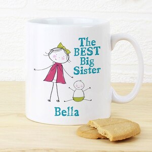 May include: White ceramic mug with a handle, featuring a drawing of a girl in a pink cape and a baby, with the text "The BEST Big Sister" in teal and the name "Bella" below. Two biscuits are in the foreground.