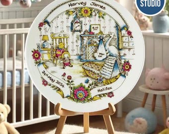 Personalised Baby Birth Plate – Traditional China Keepsake | Stork Nursery Design | Handmade in UK | Newborn or Christening Gift