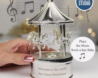 Personalised Engraved Silver Baby Musical Carousel –  Christening, Baby, Naming Day, First Birthday Gift