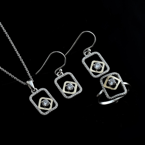 925シルバーと9KゴールドCZジュエリーセット ハンドメイドネックレス