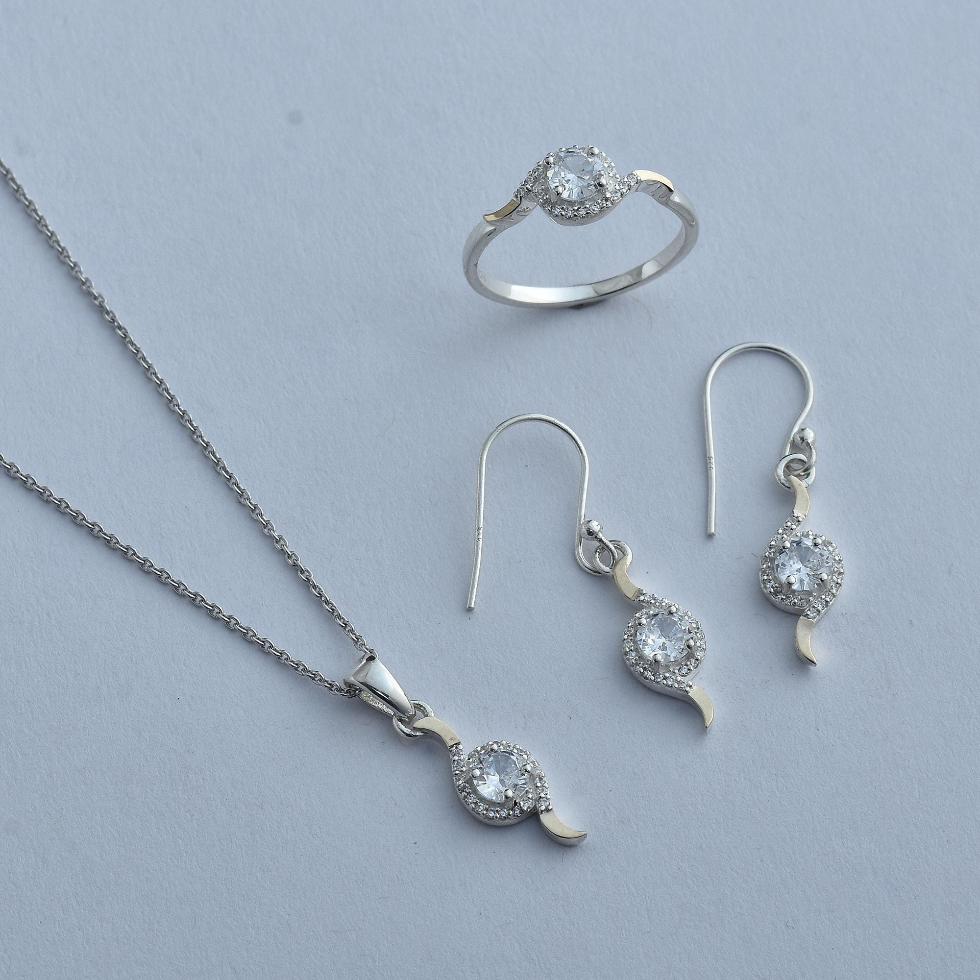 Parure Ancienne Rustique En Argent Massif Plaqué Or 9 Carats - 3 Pièces Avec Zircon - Occasion