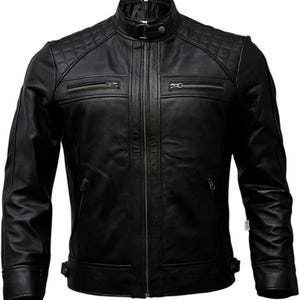 Handmade Men's Vintage Black Leather Biker Jacket | Quilted Moto Style Cafe Racer Coat