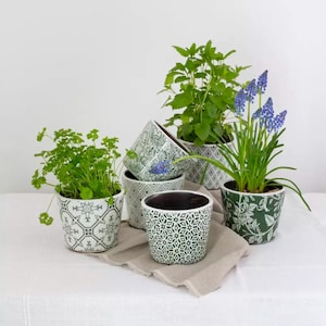 May include: Several ceramic plant pots with green and white geometric patterns. The pots hold green plants and blue flowers. The pots are displayed on a white surface. Measurements are in cm.