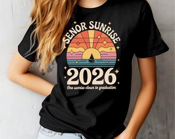 Camiseta Senior Sunrise 2026, camiseta retro de atardecer para graduación, evento matutino de último año, camiseta gráfica de graduado de secundaria y universidad