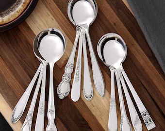 Mismatched Vintage Silverplate Round Gumbo Soup Spoons: Antique Farmhouse Tableware