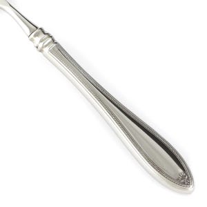 May include: A silver-toned metal utensil handle featuring a smooth, tapered design with a raised beaded border running along the edges. The base of the handle displays a small, embossed fan-shaped decorative motif at the rounded terminal end.