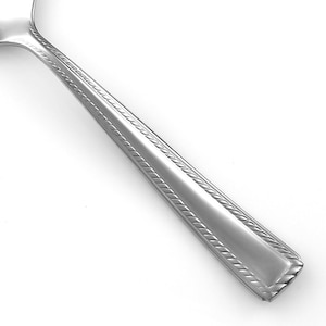May include: A stainless steel spoon handle featuring a polished silver finish and a decorative rope-style border pattern that runs along the edges, terminating in a squared-off end with a continuous embossed twisted metal design.