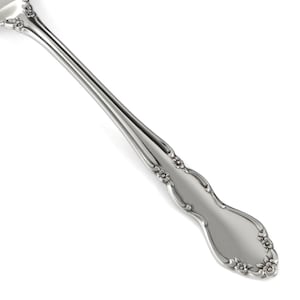May include: A polished silver-toned metal spoon handle featuring a slender, elongated neck that transitions into a wider, contoured base. The handle is decorated with embossed floral motifs along the edges and a smooth, reflective central panel.