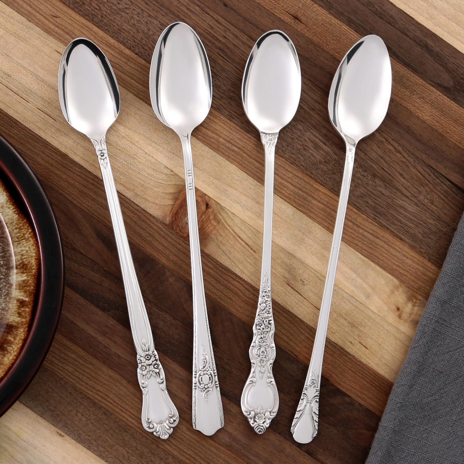 Mismatched Vintage Silverplate Iced Tea Spoons - Tall Drink Spoons, Cocktail Stir Spoons, Long Handled Spoons - Choose Lot or Surprise Me - Ornate Lot of 4