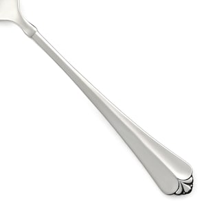 May include: A silver-toned metal spoon featuring a long, slender handle that tapers toward the neck. The handle end is rounded and decorated with a subtle, embossed fan-shaped motif consisting of three distinct, curved segments at the base.
