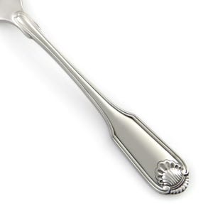 May include: A silver-toned metal spoon handle featuring a smooth, elongated stem with a raised border and a decorative shell motif embossed at the rounded terminal end. The polished surface reflects light, highlighting the clean lines and curves.