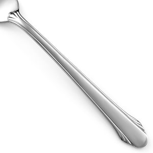 May include: A polished silver-toned metal spoon handle featuring a smooth, elongated stem with subtle vertical grooves running along the sides and a decorative, fan-like fluted pattern at the base of the neck and the rounded end of the handle.
