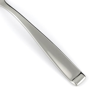 May include: A polished silver-colored metal spoon handle with a smooth, tapered design. The handle features a slightly curved profile that widens toward the base, ending in a rounded, flat edge with a clean, reflective surface finish.