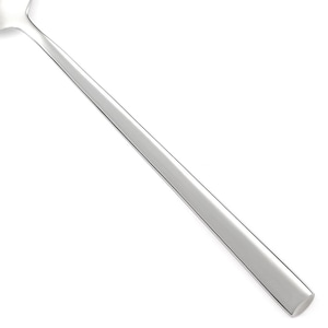 May include: A long, slender, polished silver-toned metal spoon handle with a smooth, flat, and straight design. The handle tapers slightly toward the bowl of the spoon, which is partially visible at the top left corner of the frame.